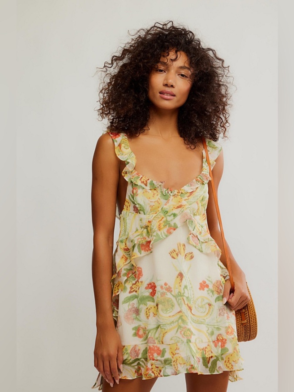 Free People Bali Flora Ruffle Mini Dress in Soft Yellow